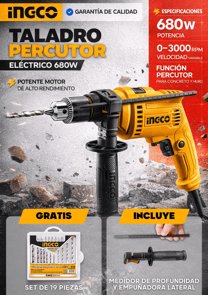 PACK TALADRO PERCUTOR ELÉCTRICO 680W  Y SET DE 19 PIEZAS / INGCO