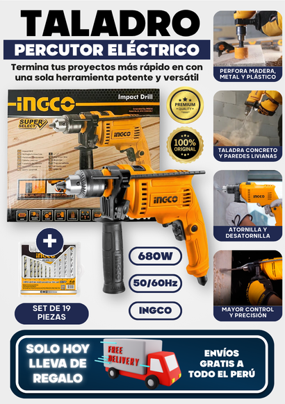 PACK TALADRO PERCUTOR ELÉCTRICO 680W  Y SET DE 19 PIEZAS / INGCO
