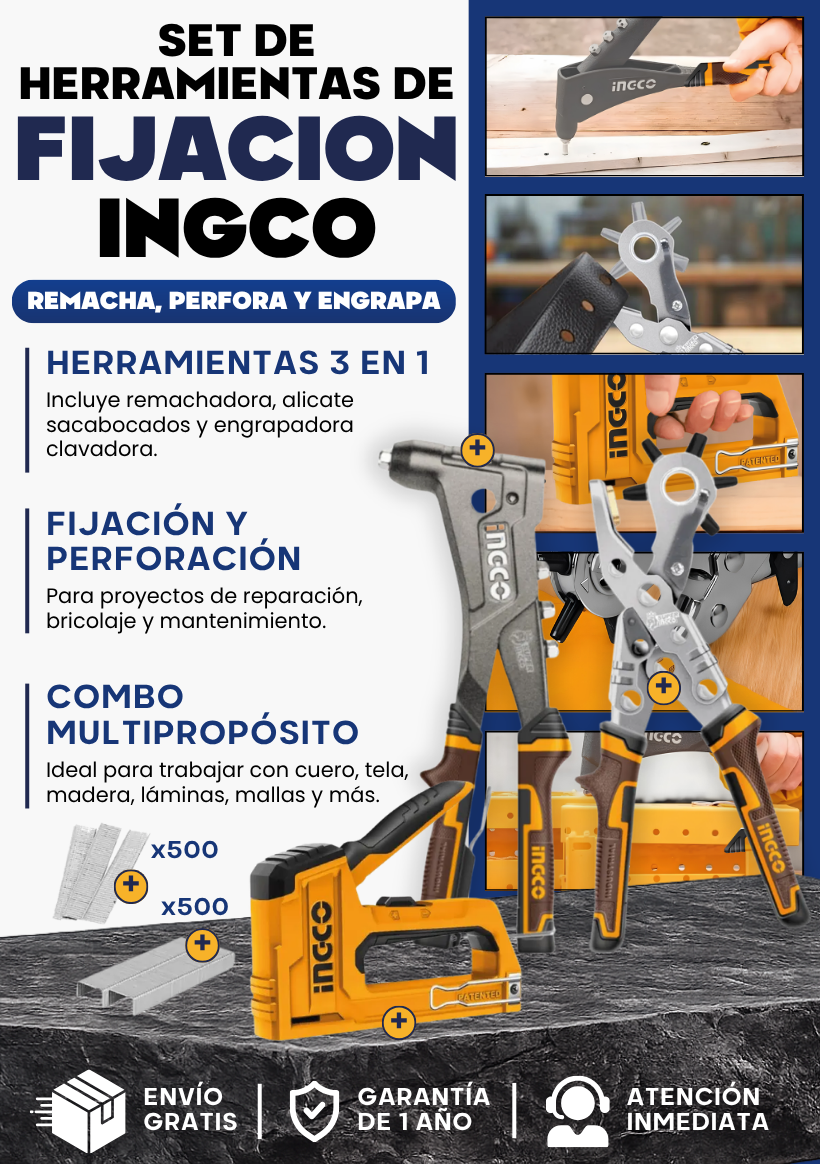 SET 3 EN 1 - Herramientas de fijación (FIJAR, PERFORAR Y ENGRAPAR)