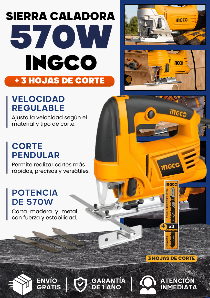 Sierra Caladora 570W + 3 Hojas de Corte | Velocidad Regulable