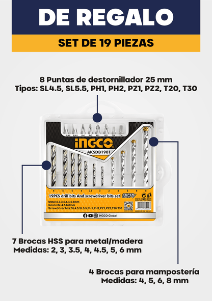 PACK TALADRO PERCUTOR ELÉCTRICO 680W  Y SET DE 19 PIEZAS / INGCO