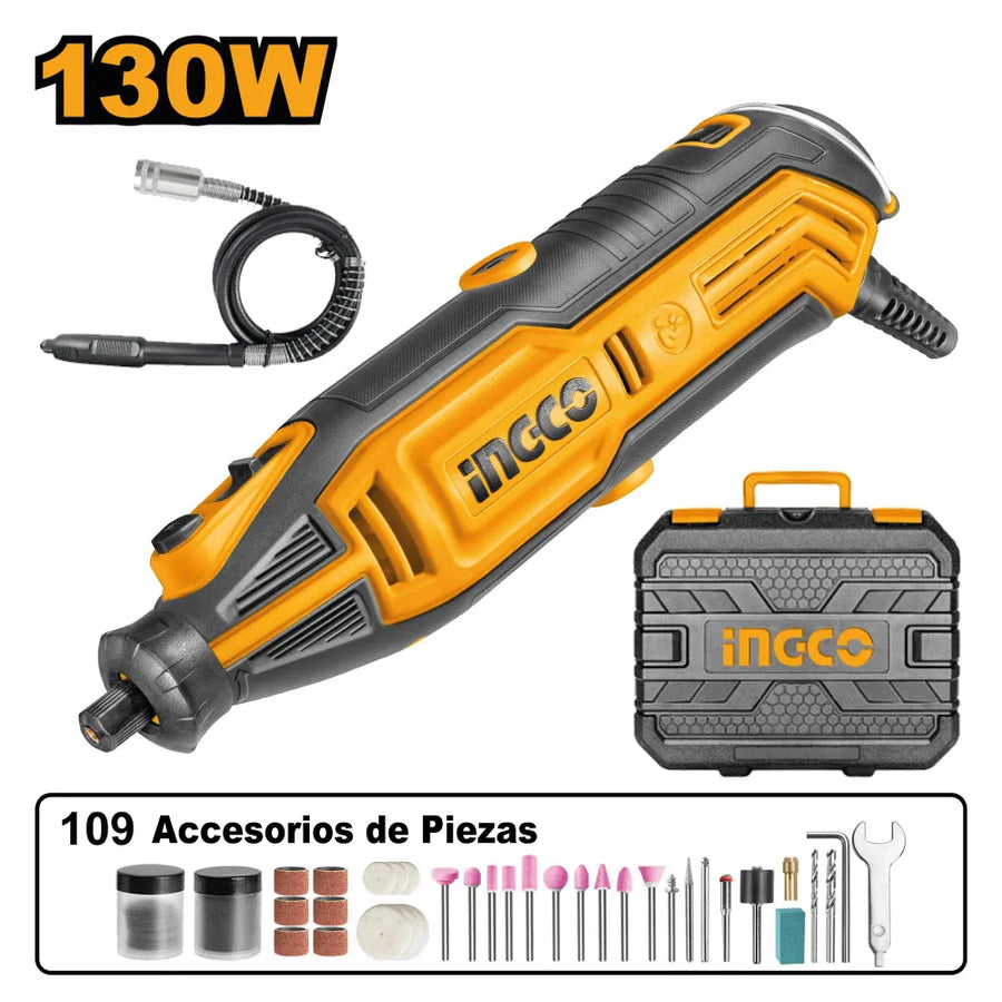 INGCO MINI RECTIFICADOR 130W + 109 PIEZAS (INCLUYE MALETÍN)