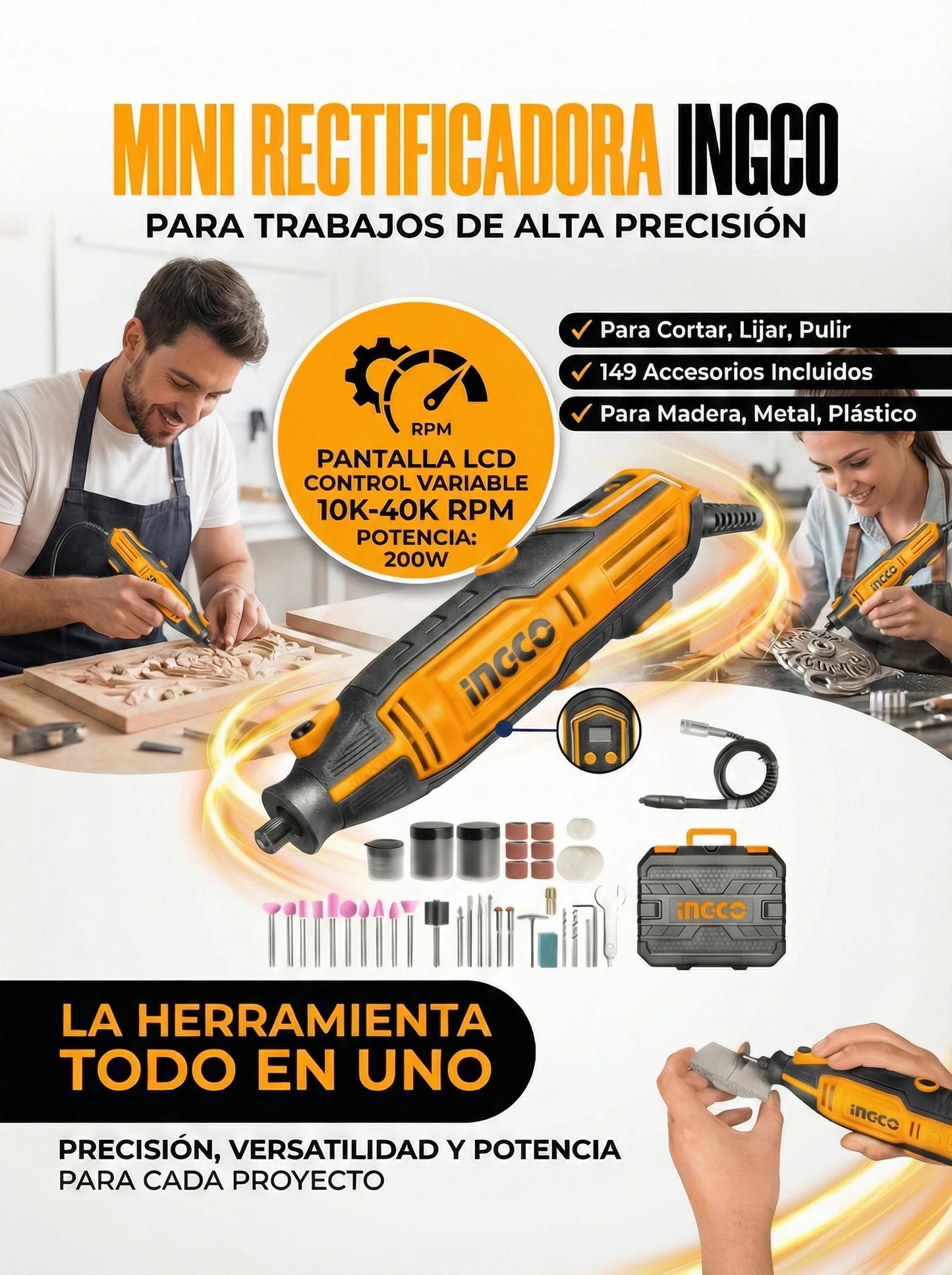 MINI RECTIFICADORA INGCO - 200W y 149 PIEZAS